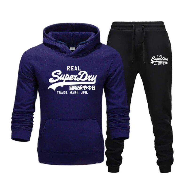 Retro men's casual set, hooded sports shirt and wool sports pants, casual style, printed with letters