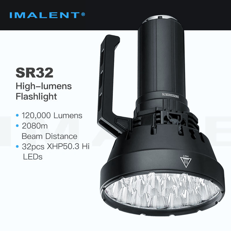 Imalent SR32 senter Ultra terang/lampu pencarian, jarak sinar 120,000 lumen 2,080m, 32 buah CREE XHP50.3 Hi LEDs, 8x21700
