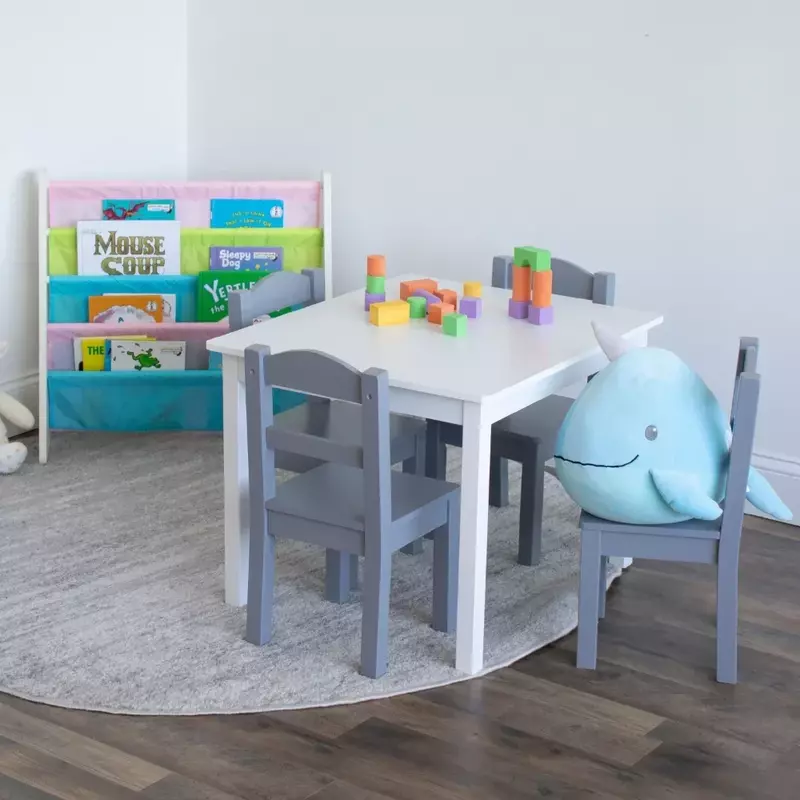 Conjunto de mesa e cadeiras de madeira infantil branco e cinza, 5 peças