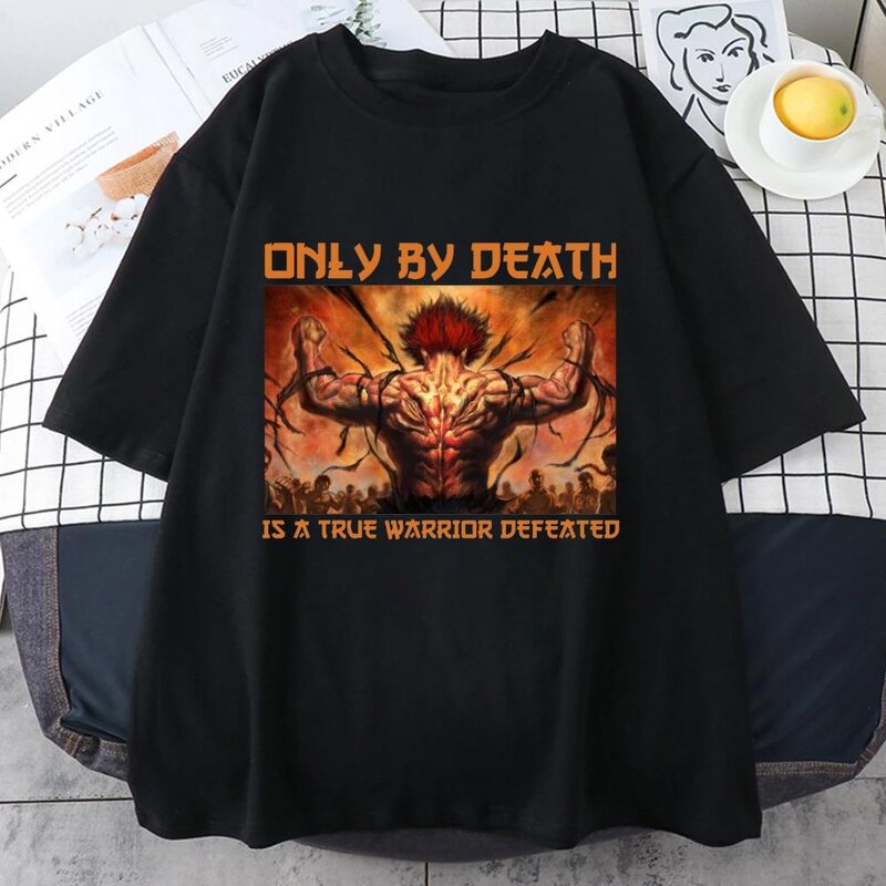 Футболка с принтом из аниме «Only by Death Is a True Warrior», повседневная Молодежная рубашка с коротким рукавом и круглым вырезом для отдыха на открытом воздухе
