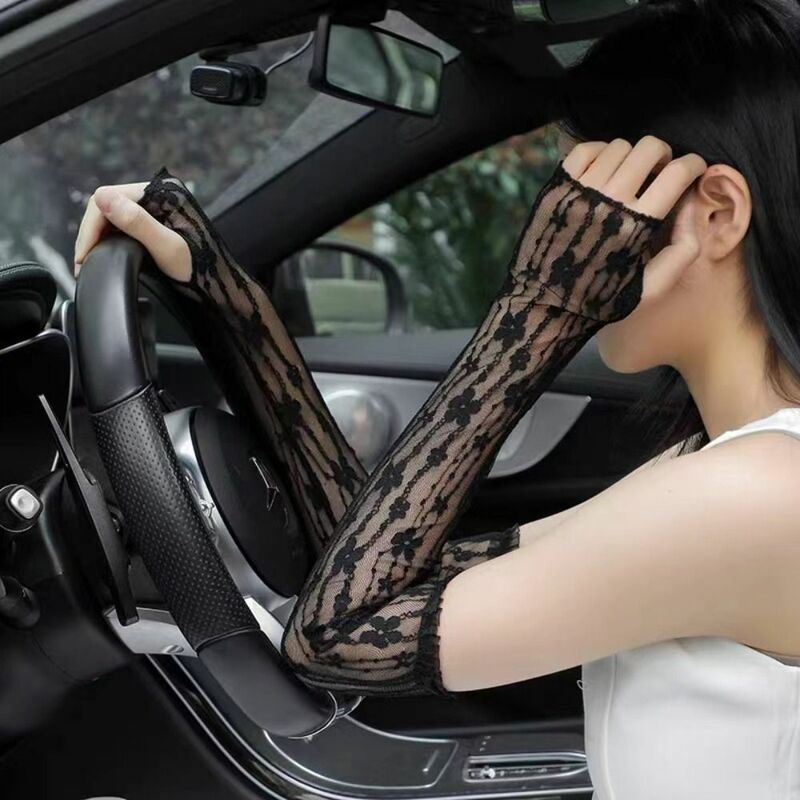 Breathable Sunscreen Sleeves Summer Outdoor UV Protection Lace Mesh Driving Gloves Ultra Thin Fingerless Lace Arm Sleeves Girls