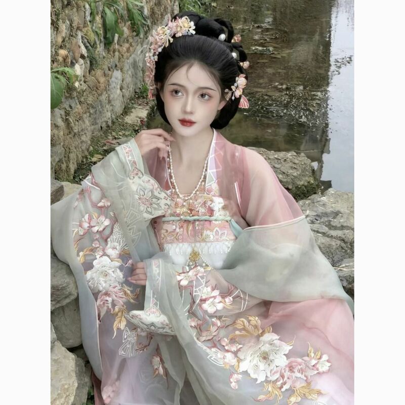 Hanfu ciężki przemysł haft tradycyjny chiński styl damskie spódnice duże rękawy wysokiej jakości codzienne wiosenna sukienka