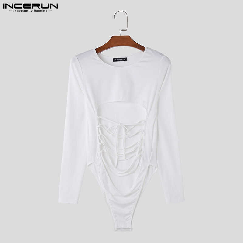 INCERUN Men Bodysuits Solid Hollow Out Lace Up Sexy Male Rompers Streetwear Fitness O-neck Long Sleeve Fashion Bodysuit S-5XL