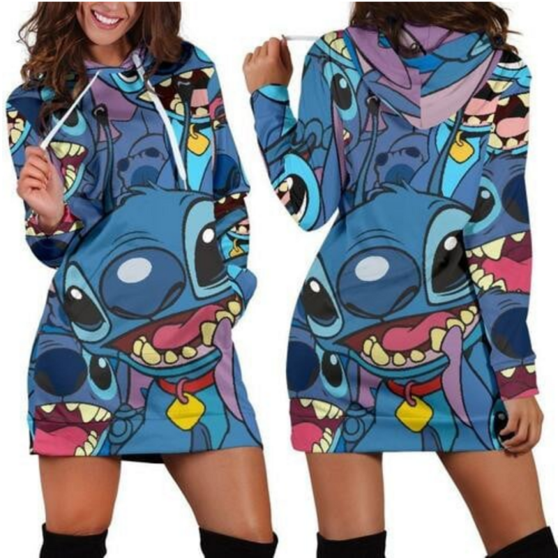 2023 nowy Stitch sukienka z kapturem sweter moda Disney sukienka bluza sukienka 3d Allover drukowane bluza z kapturem dla kobiet