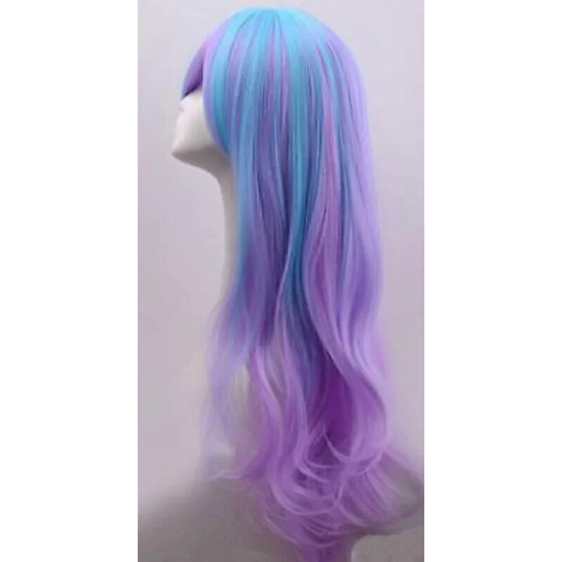 Longo ondulado Clolita peruca cabelo, Perucas Cosplay Traje, azul e roxo Charme