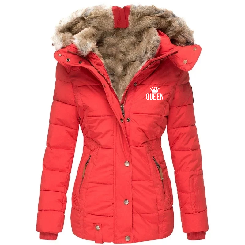 Women Winter Coat Warm Solid Plush Thickened Long Jacket Outdoor Hiking Hooded Casual Windproof Parka Coat Queen Print Overcoat