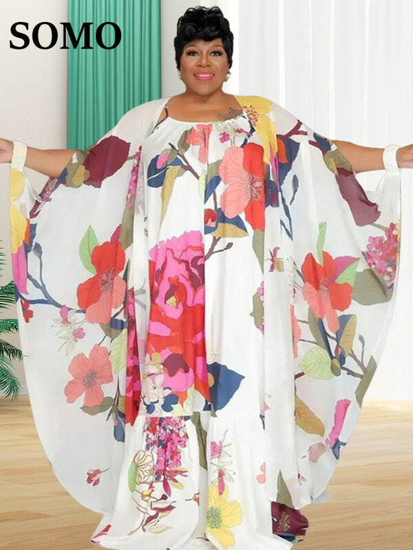 SOMO-Ensemble deux pièces robe et châle assortis pour femme, tenue de vacances florale, grande taille, vente en gros, livraison directe, été 2023