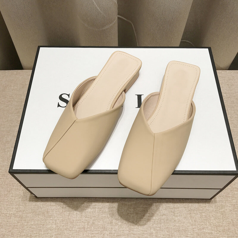 French Style Half Slipper für Damen Oberbekleidung 2024 Sommer neue minimalist ische Square Toe Low Heel Soft Leder Hausschuhe