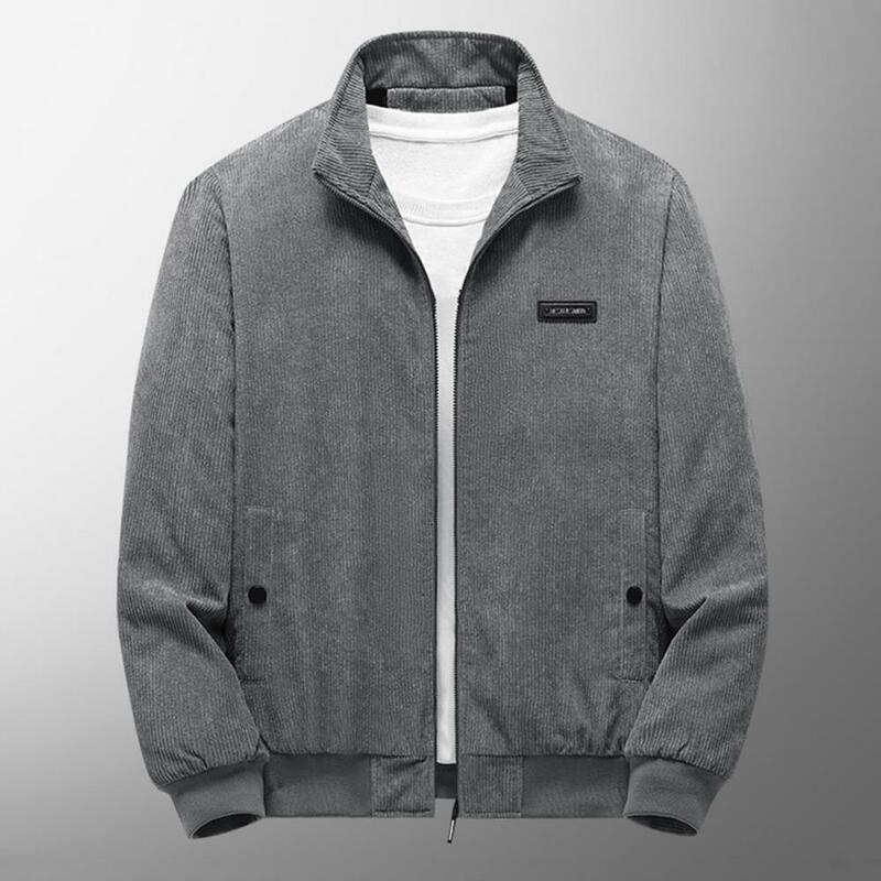 두꺼운 플러시 안감 있는 남성용 면 재킷, 스탠드 칼라, 지퍼 포켓, 따뜻하고 긴 날씨, 겨울