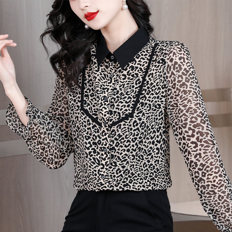 Camisa de manga larga de leopardo para mujer, camisa pequeña versátil con reducción de edad, informal, a la moda, primavera y verano, 2023