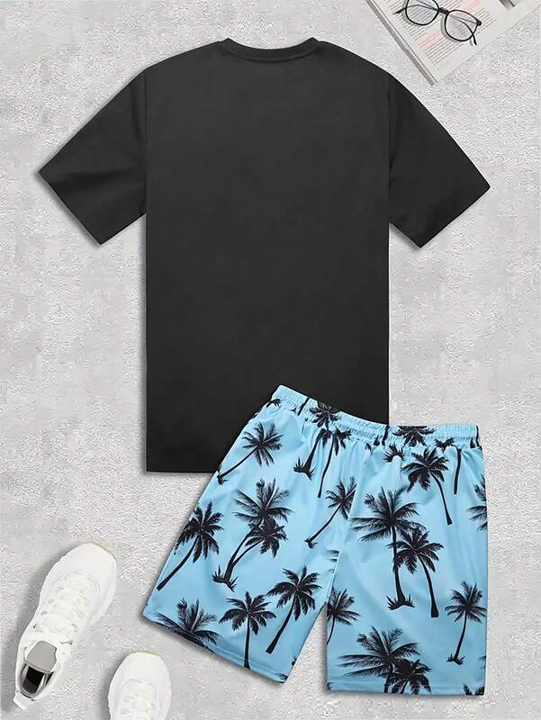 Conjunto de dos pantalones cortos de manga corta con estampado de playa de árbol de Coco para hombre, juego de colores a juego, moda informal y cómoda