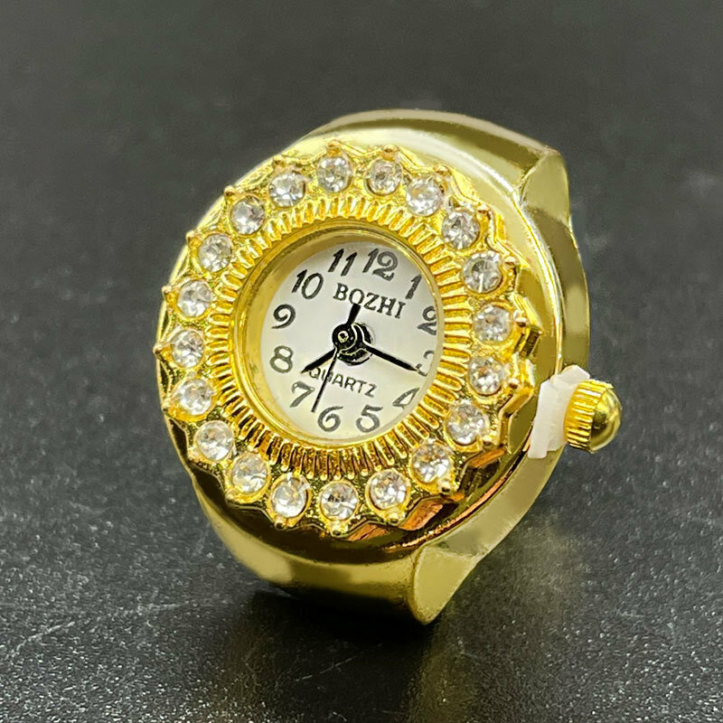 Dedo relógio de quartzo mini pequeno elástico banda liga relógios feminino anéis jóias relógio feminino diamante incrustação rosa ouro anel de relógio
