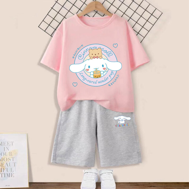 Sanrio Kuromi Cinnamoroll Children Summer T-Shirt Shorts Set Short-Sleeved Cartoon Casual Clothes Girl Boy Sportswear Kid Gift