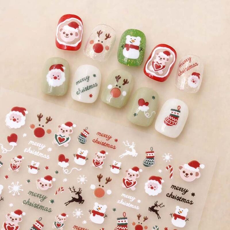Autocollants d'ongles de dessin animé de chat de Noël, autocollants d'art d'ongle de père Noël, décalcomanies d'ours, décorations d'art d'ongle
