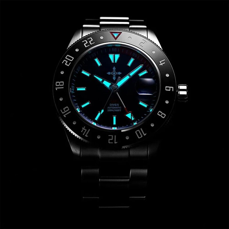 GMT-reloj mecánico automático para hombre, cronógrafo Retro de negocios, resistente al agua, con calendario, pulsera superluminosa, de piloto