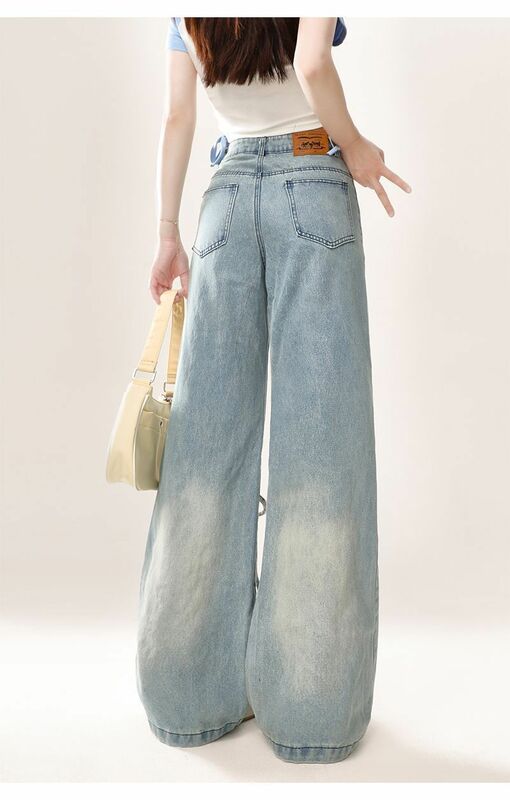 Pantaloni Multi-tasca Love Laces vita alta 2024 blu moda donna Harajuku Jeans gamba dritta larghi salopette di Jeans di grandi dimensioni