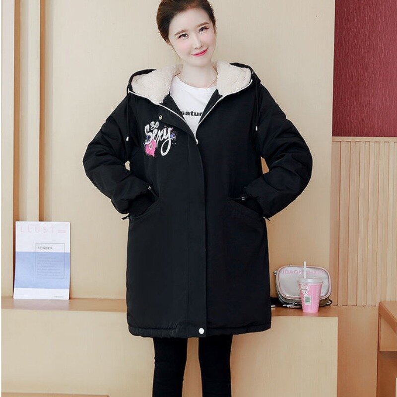 2023 New Women Down Cotton Coat Winter Jacket Female Mid-length Loose Parkas Thicken Brushed Warm Outwear Hooded Overcoat