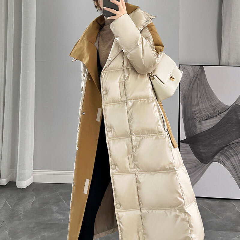 Женский пуховик, зимнее корейское утепленное пальто на белом утином пуху, новинка 2024, женская модная темпераментная приталенная Зимняя парка, пальто