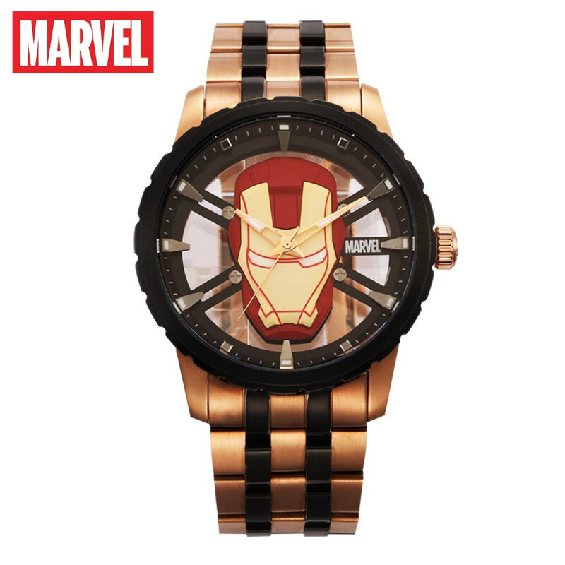 Montre à quartz Marvel avec boîte, casque de Iron Man, ceinture en acier, cadeau créatif, tendance de la rue, garçons, Marvel, cadeau Disney