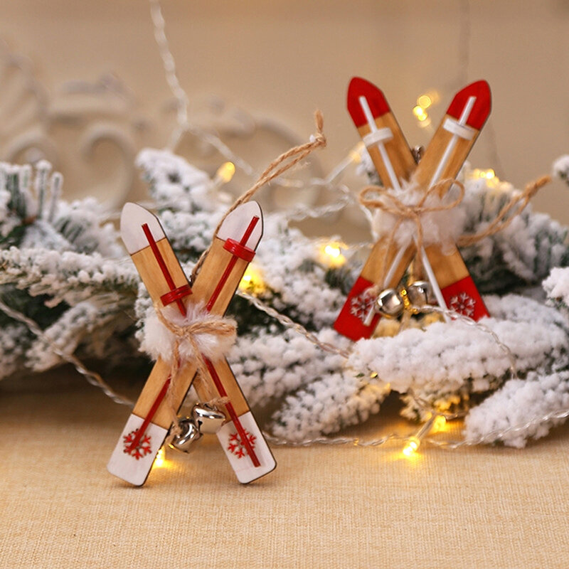 Christmas Hanging Pendants Sleigh Xmas Tree Home Decor  Ornament Dollhouse Miniture Wooden Ski Board Craft Supplies New Year Gif