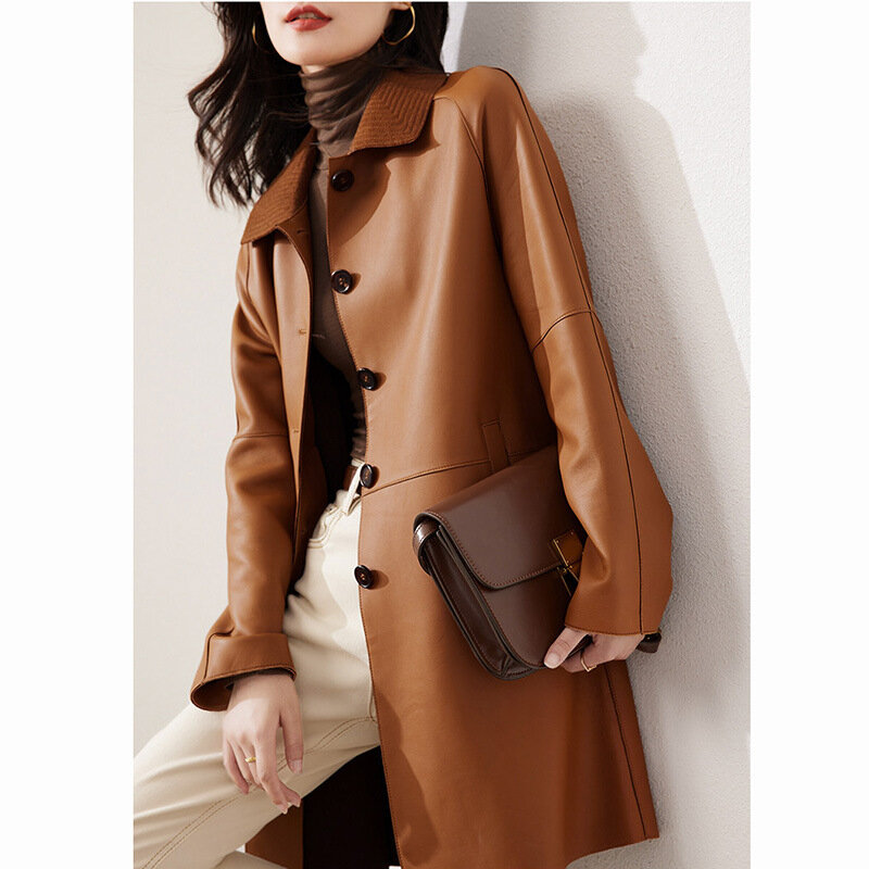Veste en cuir véritable à boutonnage simple pour femme, manteau à revers, manteau en peau de mouton moyen à long, vêtements d'automne, haute qualité