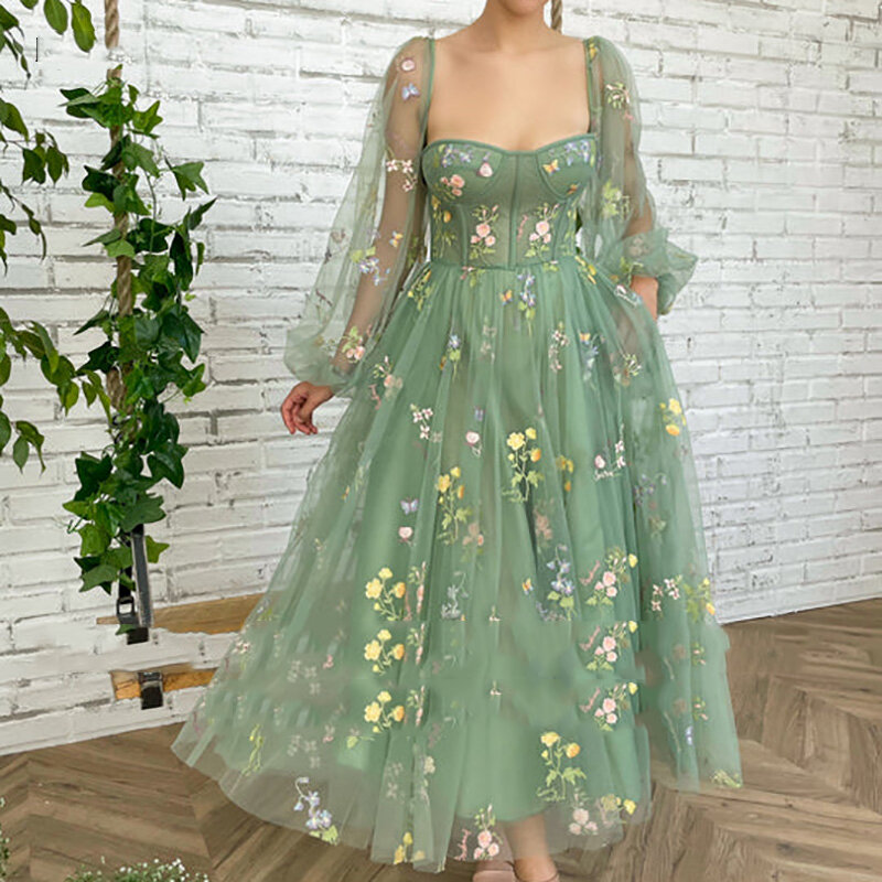 Elegant Retro Women's Prom Dresses A-Line Lace Lantern Sleeves Princess Evening Gowns Thin Sand Formal Fashion Celebrity Party