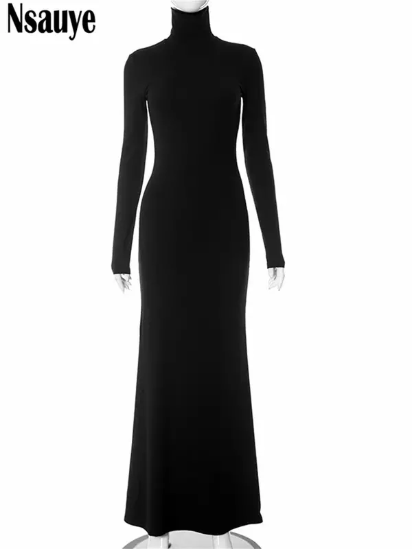 Женское длинное облегающее платье с длинным рукавом и высоким воротником
