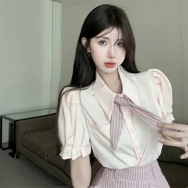Academy Sweet Bubble Sleeves Shirt Stripe gonna a pieghe Set a due pezzi donna Polo Neck Fashion coreano Spicy Girl Slim Summer Suit