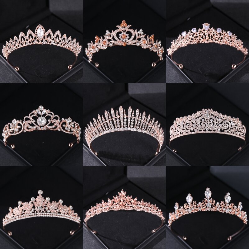 Rose Gold Crystal Bridal Tiaras And Crowns For Women Bride Rhinestone Prom Diadem Headband Bridal Wedding Hair Accessories Crown