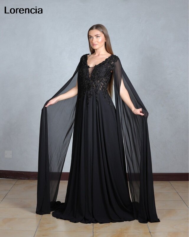 Lorencia-Vestido preto frisado com renda, vestidos de baile, mangas compridas, chiffon em V, ocasiões formais, vestido de festa, YED07
