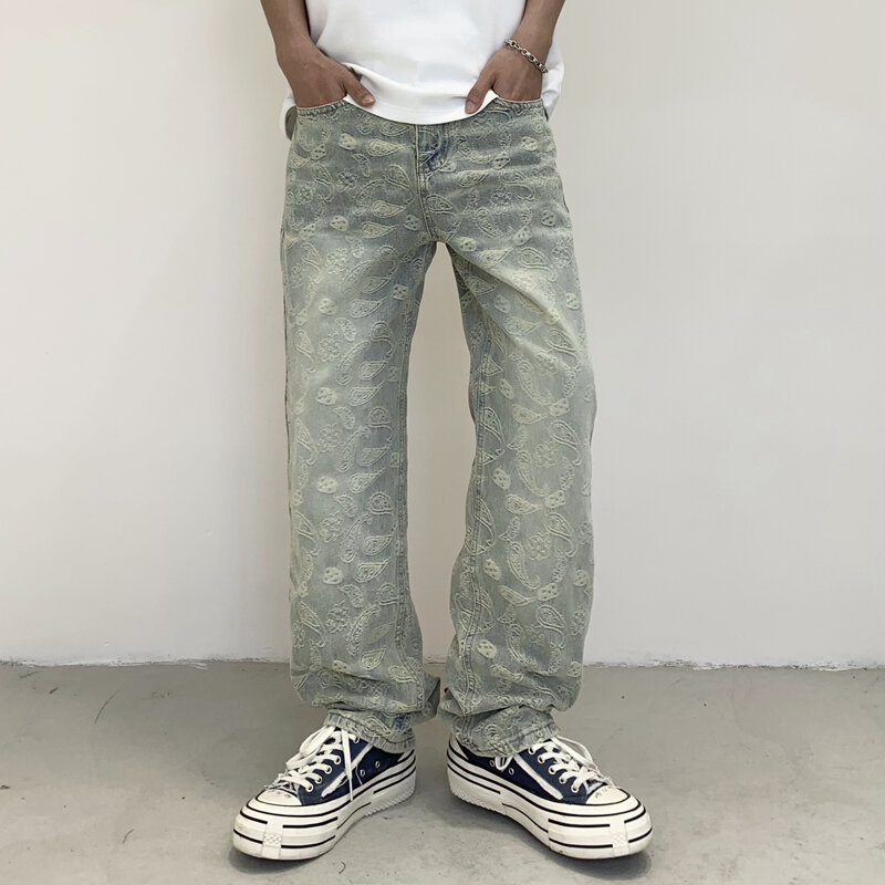 Gewassen Patchwork Jeans In Amerikaanse Stijl, Trendy Heren Loszittende Heren Met Rechte Pijpen En Modieuze Spijkerbroek