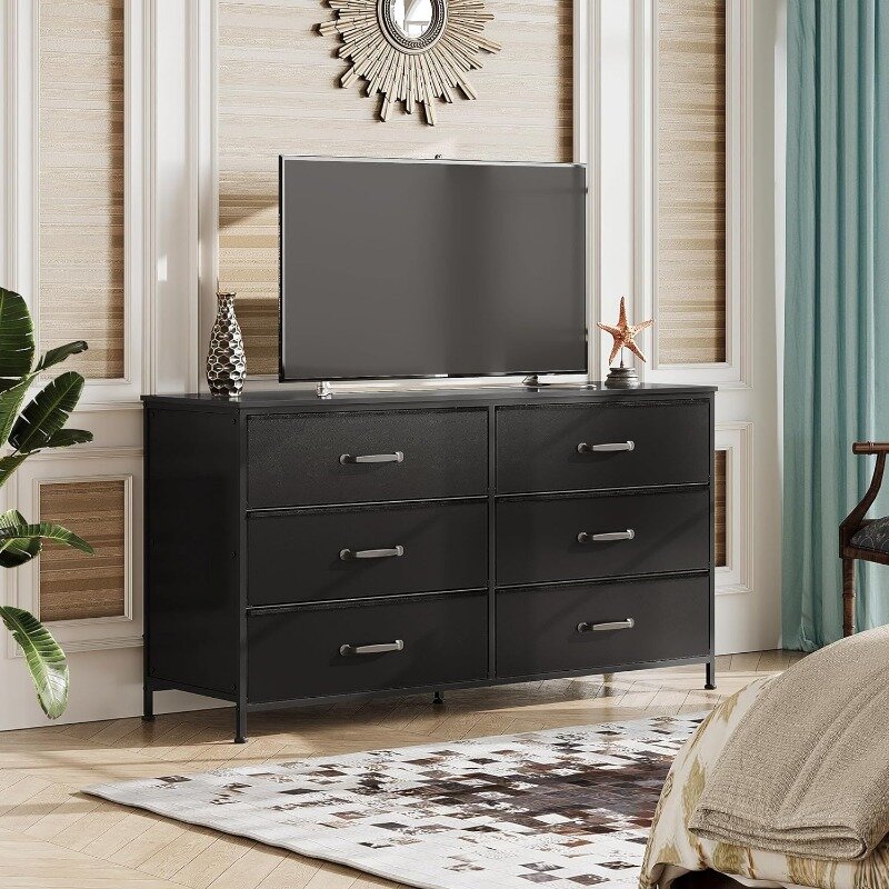 Wide Fabric Dresser, 6 Drawer Dresser TV Stand for 60" TV, Dressers Bedroom Furniture Large Storage Tower Unit