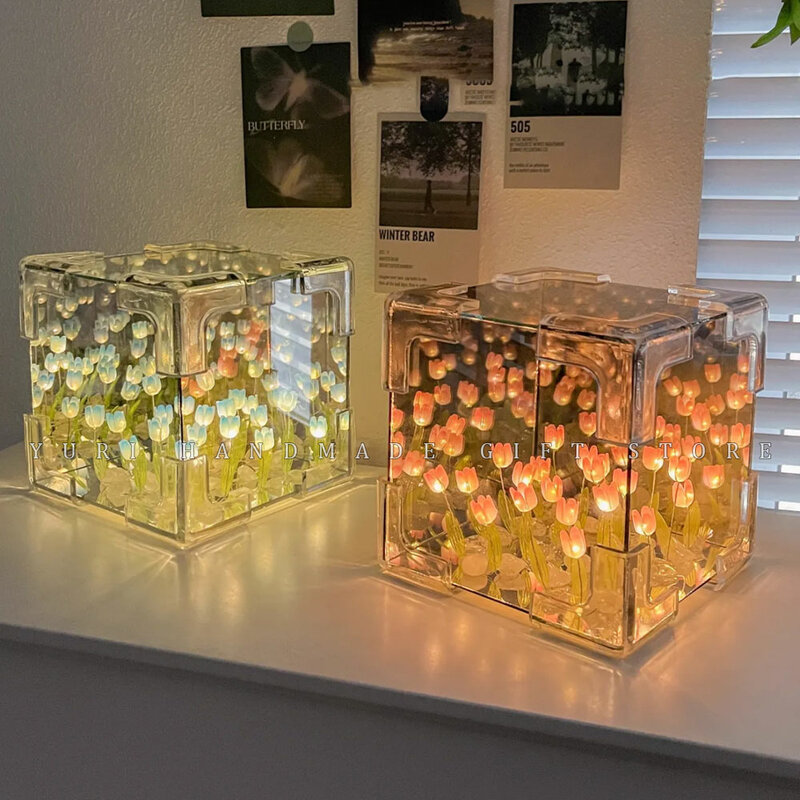 Tulipán de jardín con luz nocturna, Cubo de Rubik, espejo, flor de mar, hecho a mano, paquete de Material de bricolaje, decoración del hogar, regalo de cumpleaños para niña