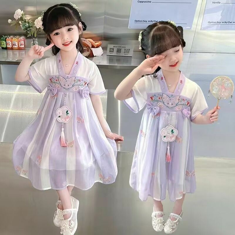 Vestido de manga curta infantil Hanfu princesa, roupas de verão para meninas, novo estilo chinês, antigo