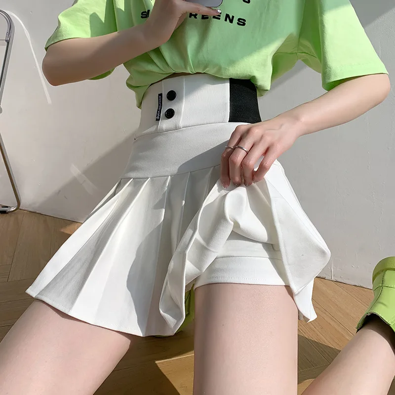 Mini saia de bordado para carta feminina, elástico na cintura, plissado, linha A, branco, preto, primavera, verão, original