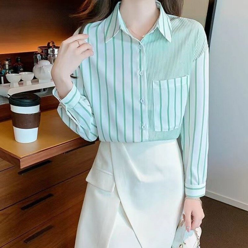 Simple Versatile Summer New POLO Collar Striped Pocket Women's Long Sleeved Loose Fashion Single Row Multi Button Shirt Tops