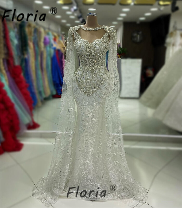 Dubai Arabic Crystal Beads Cape Sleeves abito da sposa strass pesanti personalizza abito da sposa a sirena abiti da sera lunghi