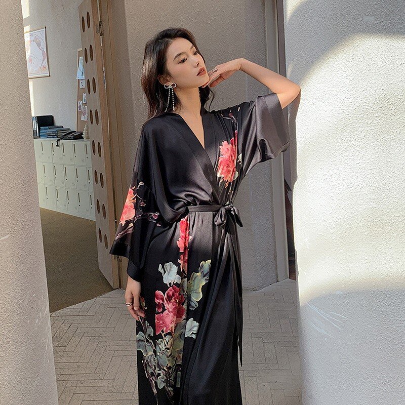 Spring Summer Black Print Flower Long Robe Nightgown Women Sexy Half Sleeve Kimono Bathrobe Home Dress Loungewear