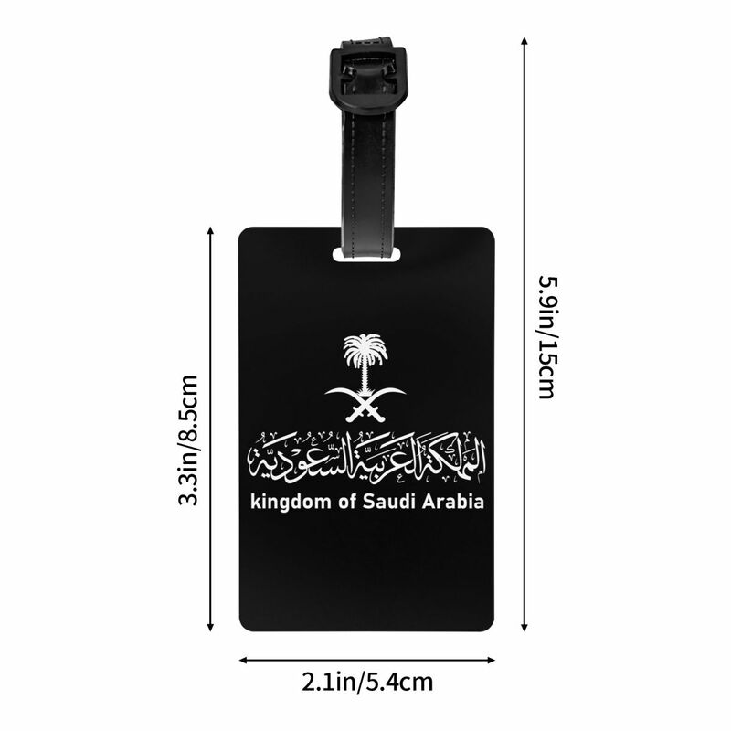 Etiquetas de equipaje personalizadas del Reino de Arabia Saudita, emblema de caligrafía árabe, cubierta de privacidad, tarjeta de identificación con nombre