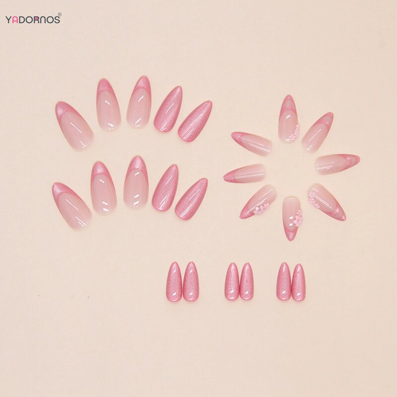 Różowe sztuczne paznokcie francuski styl migdałowe na paznokciach z kwiatkiem zaprojektowane słodkie błyszczące sztuczne do paznokci tipsów dla kobiet i dziewcząt 24 szt