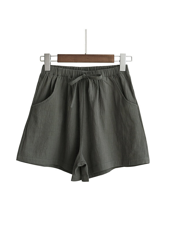 กางเกงลำลองฝ้ายลินินเอวสูงสำหรับผู้หญิงกางเกงแฟชั่นสไตล์สตรีทแวร์กางเกงขาสั้นสตรี2024ฤดูร้อน