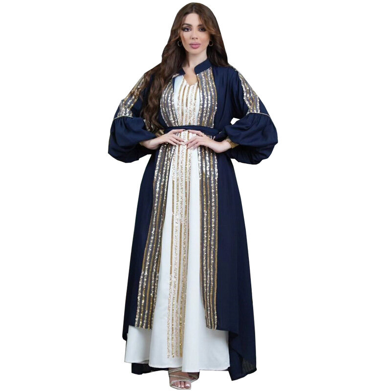 Midden-Oosten Koeweit Gewaad Moslim Mode Dames Kraal Geborduurde Tweedelige Set Bubble Mouw Jurk Moslim Sets Jurk Voor Dames