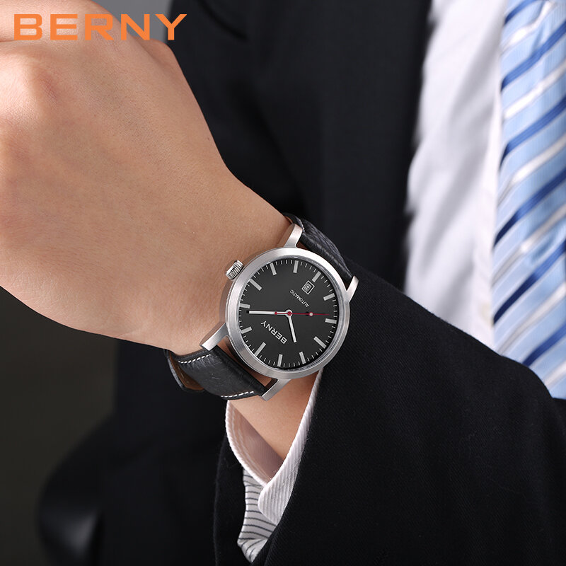 BERNY-Reloj de pulsera para hombre, accesorio masculino resistente al agua con mecanismo automático, complemento mecánico de marca de lujo con diseño de ferrocarril suizo