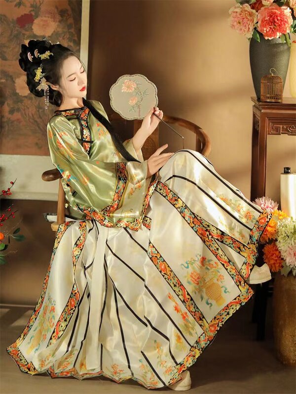 Hanfu wanita Dinasti Qing asli kerah miring klasik cetakan leher bulat kostum anak perempuan Han gaya istana rok wajah kuda