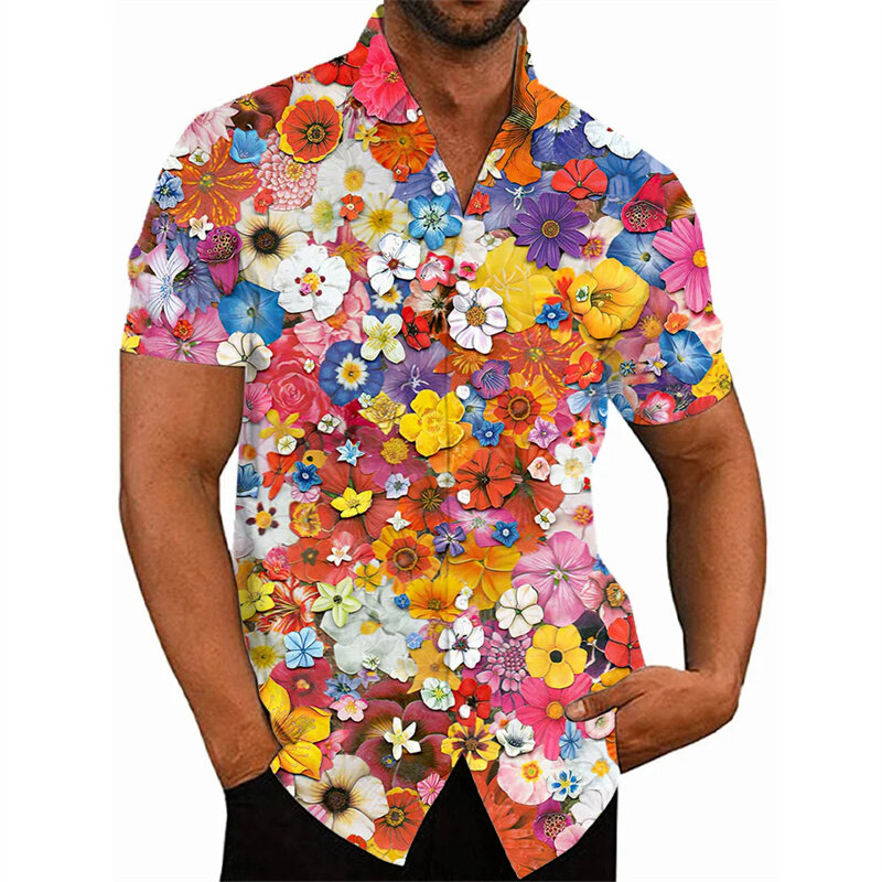 Harajuku dos homens camisas estampadas florais 3D, flores coloridas, gráfico camisas curtas, moda streetwear, blusas roupas, verão, novo