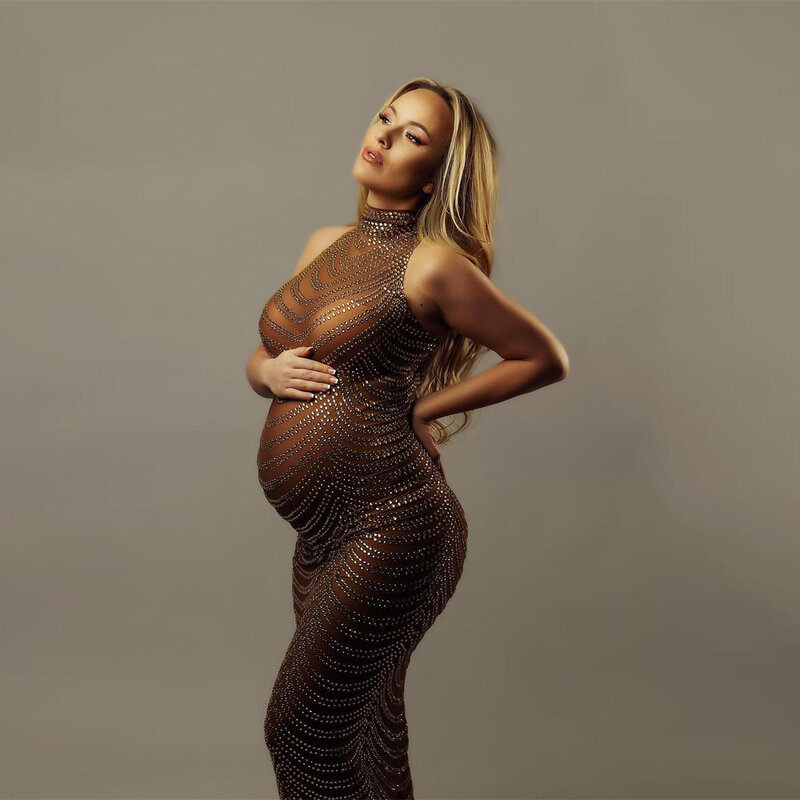 Sexy Glanzende Boor Zwangerschapsfotografie Rekwisieten Godin Jurk Bodysuit Tule Zwangerschapsjurk Voor Fotoshoot Rekwisieten Kleding