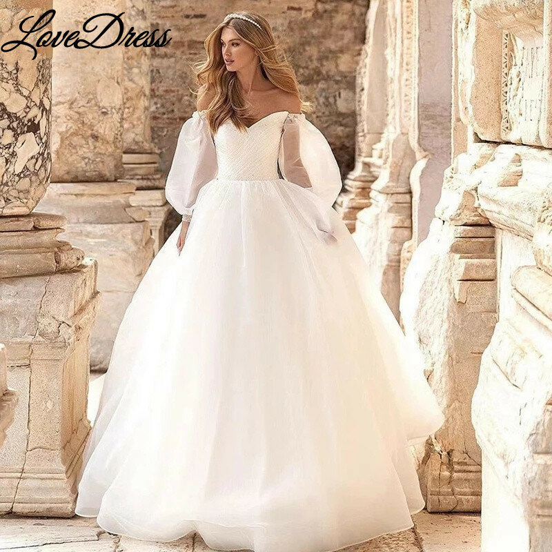 LoveDress-Boho vestido nupcial de tule sem ombro, vestido de noiva puff mangas, vestido de baile com renda, pregas sem encosto, 2022
