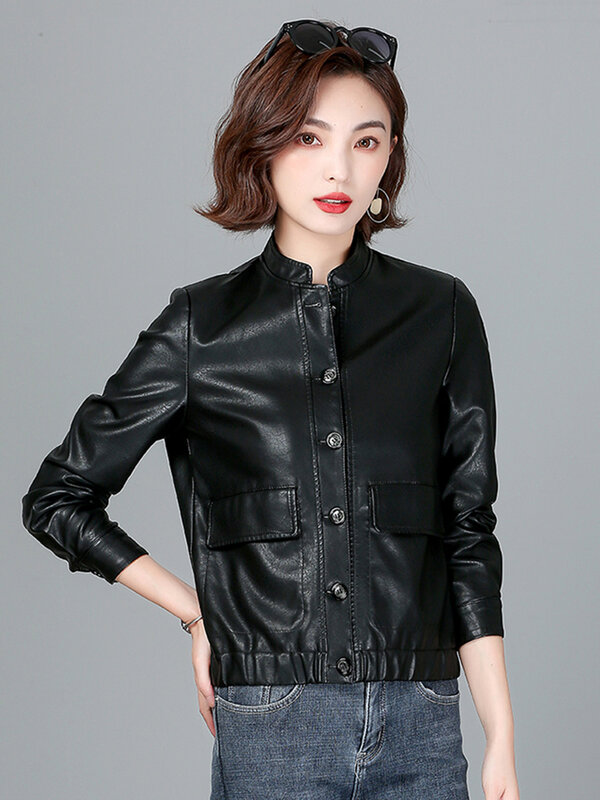 새로운 여성 모토 가죽 재킷 봄 가을 년 세련된 스탠드 칼라 싱글 브레스트 짧은 양가죽 코트 캐주얼 바이커 재킷