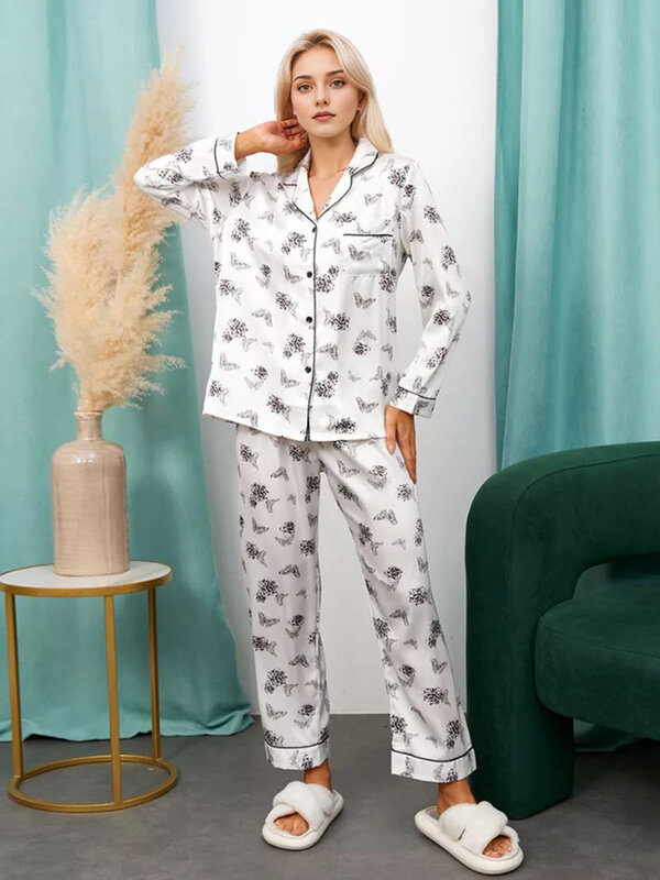 Marthaqiqi Spring Female Pajamas 2 Piece Suit Long Sleeve Nightgowns Turn-Down Collar Sleepwear Pants Casual Home Clothes Women