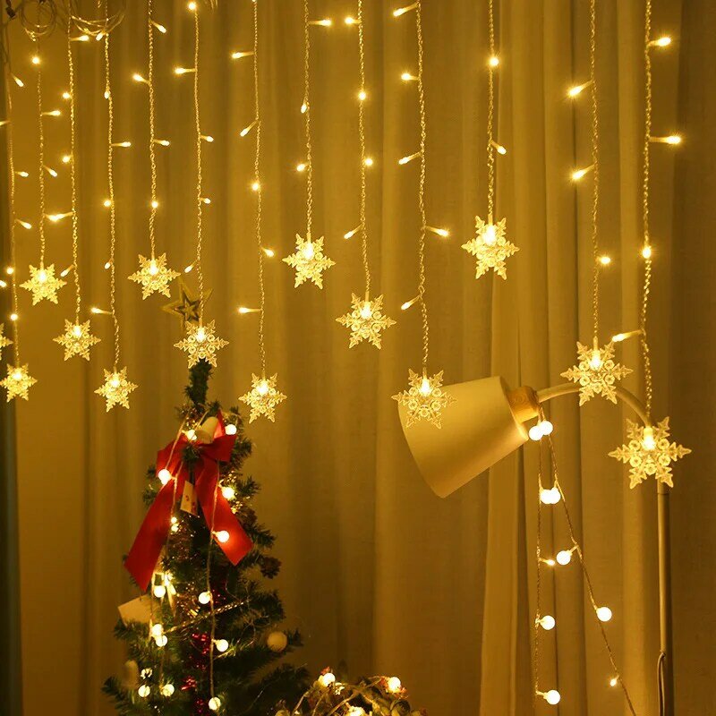 Dekorasi tirai LED, lampu tirai Natal kepingan salju, lampu LED, dekorasi Tahun Baru, karangan bunga dalam dan luar ruangan, pesta liburan